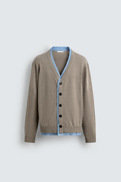 ZARA КАРДИГАН С КОНТРАСТНОЙ ОТДЕЛКОЙ, БЕЖЕВЫЙ