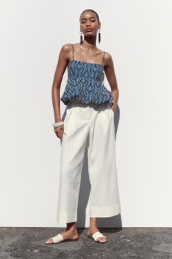 ZARA ТОП С ПРОРЕЗИНЕННОЙ АЖУРНОЙ ВЫШИВКОЙ, ТЕМНО-СИНИЙ/БЕЛЫЙ