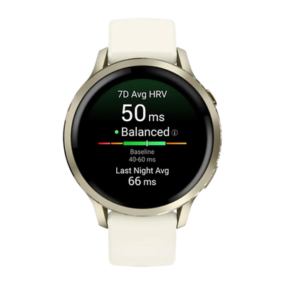 Спортивные часы Garmin Venu 4, 41 мм, силиконовый ремешок цвета кости Безель из нержавеющей стали цвета «лунное золото», корпус цвета «лунное золото», AMOLED-дисплей со стеклом Gorilla Glass. Ремешок с классической застёжкой — на запястье обхватом 110–175