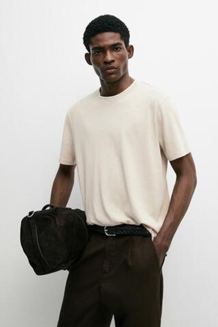 Massimo Dutti Футболка из хлопка и льна с двойным воротом, коричневый