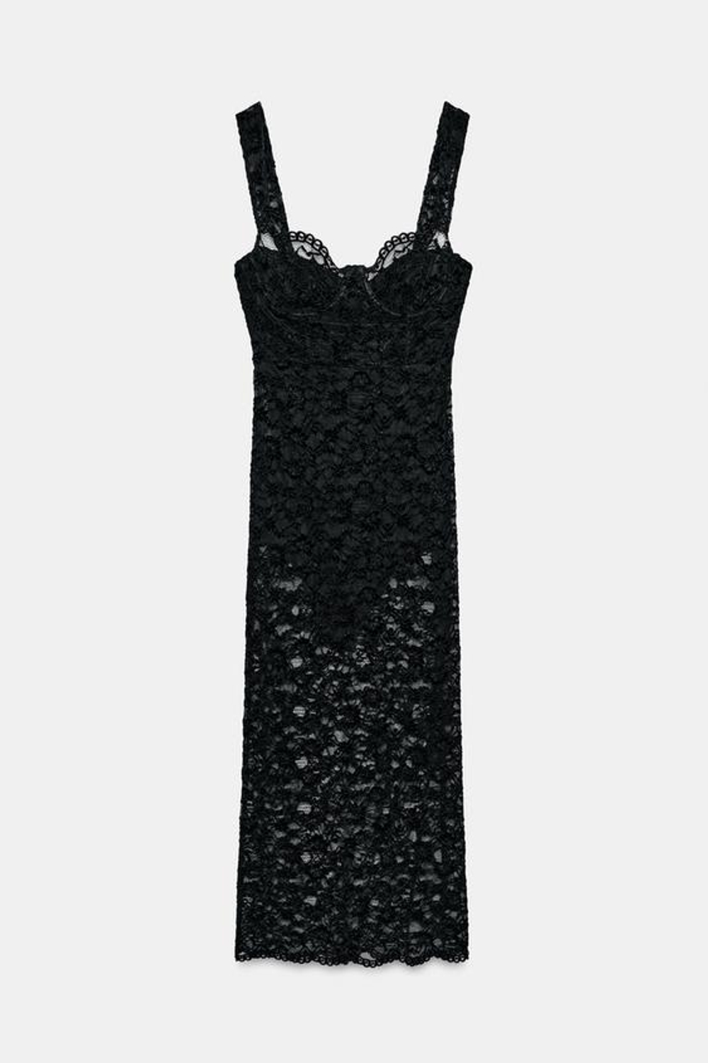 ZARA КРУЖЕВНОЕ ПЛАТЬЕ МИДИ, ЧЕРНЫЙ