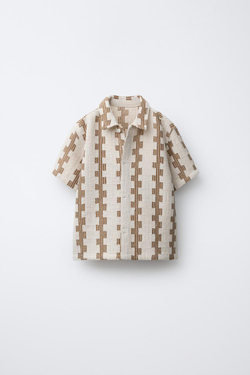 ZARA РУБАШКА С КОНТРАСТНЫМ ПРИНТОМ, СВЕТЛО-БЕЖЕВЫЙ