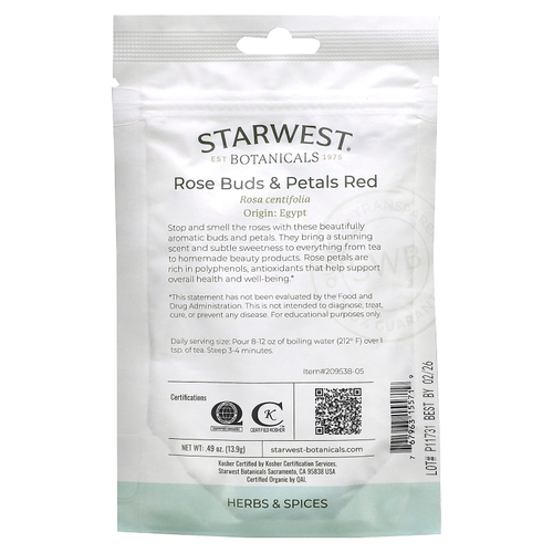 Starwest Botanicals, Органические красные бутоны и лепестки роз, 13,9 г (0,49 унции)
