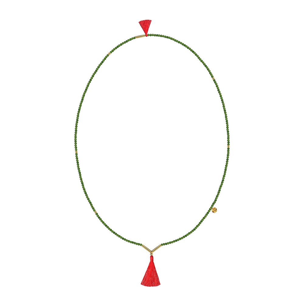 Подвеска из зеленого агата с красными кистями 65 см