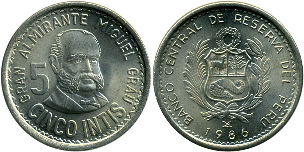 Перу 5 инти, 1985 - 1988 Мигель Грау XF