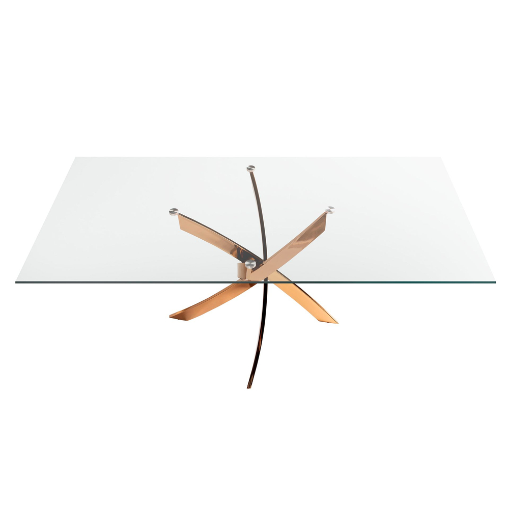 Прямоугольный обеденный стол 1169 из стекла и стали цвета розового золота 150x95