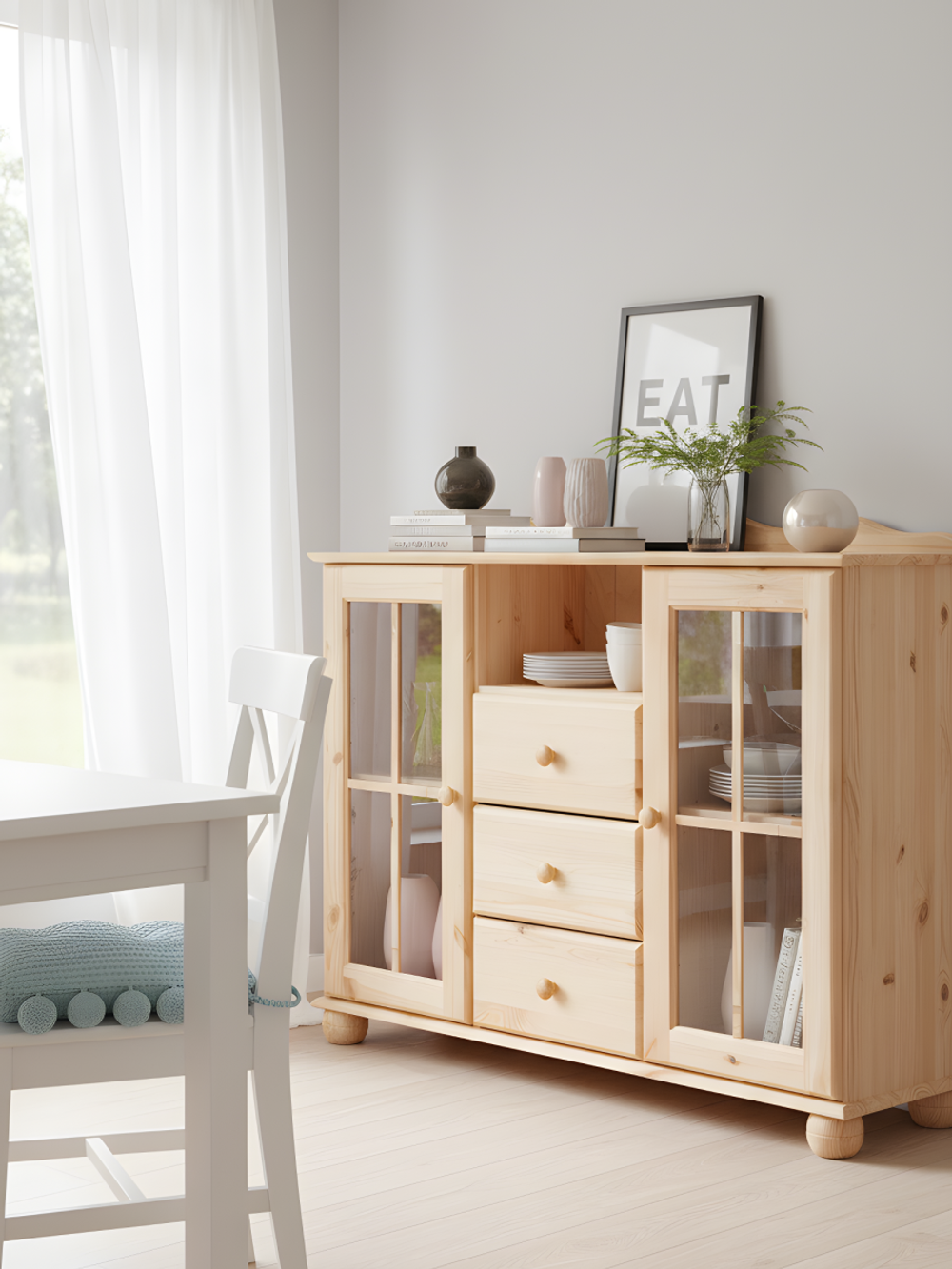 Комод Бритта двухдверный 3 ящика из массива сосны, бежевый