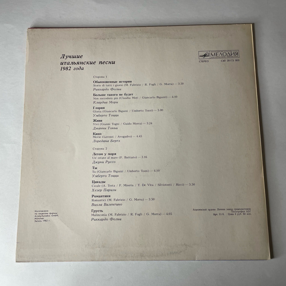 Винтажная виниловая пластинка LP Сборник Лучшие Итальянские Песни 1982 Года Italo Hits (СССР 1987)