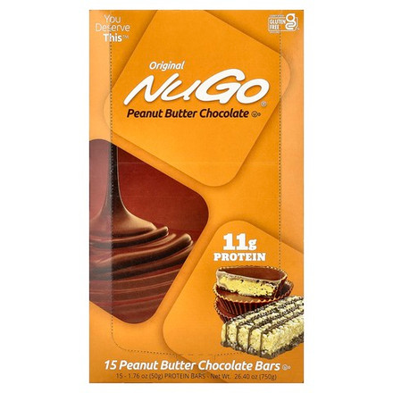NuGo Nutrition, протеиновые батончики, арахисовая паста и шоколад, 15 батончиков по 50 г (1,76 унции)