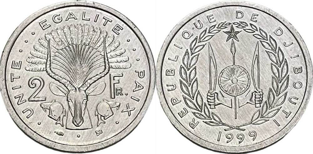 Джибути 2 франка, 1977-1999 UNC