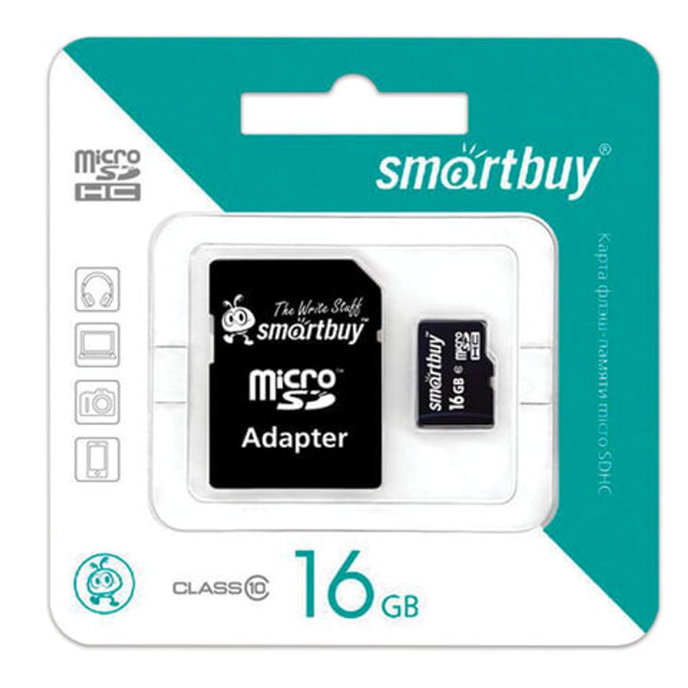 Карта памяти microSDHC, 16 GB, SMARTBUY, 10 Мб/сек. (class 10), с адаптером, SB16GBSDCL10-01
