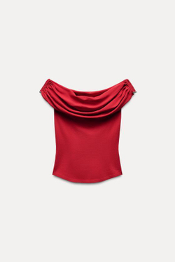 ZARA ТРИКОТАЖНЫЙ ТОП С ЗОЛОТИСТОЙ ДЕТАЛЬЮ, КРАСНЫЙ