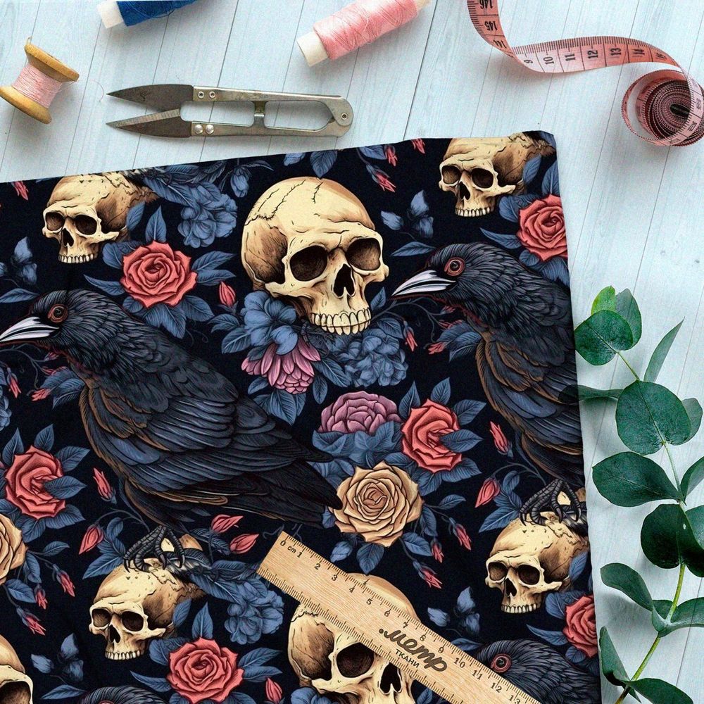 Ткань премиум интерлок мрачные черепа с птицами