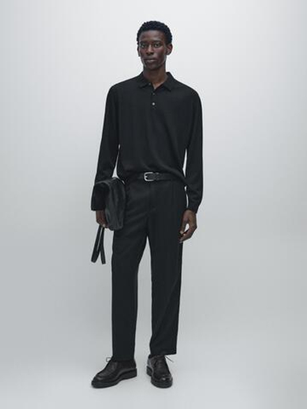 Massimo Dutti Трикотажное свитер поло из 100% мериносовой шерсти, черный