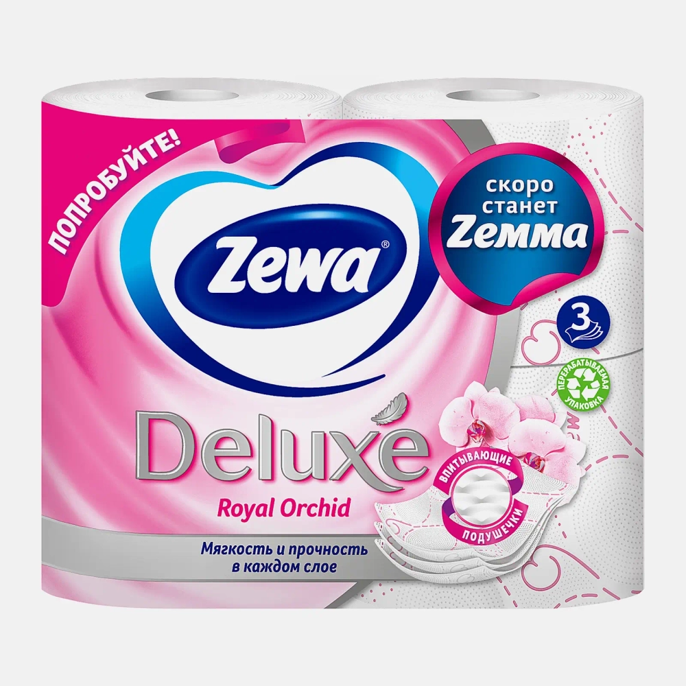 Туалетная бумага Zewa Deluxe Орхидея 3 слоя 4 рулона в ассортименте