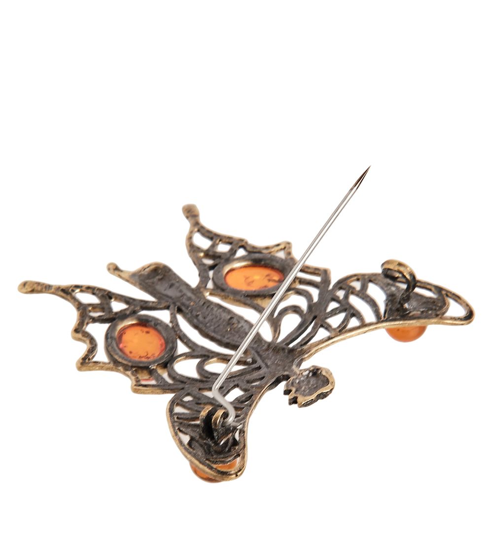 AM-1656 Брошь «Бабочка Леди-мотылёк» (латунь, янтарь)