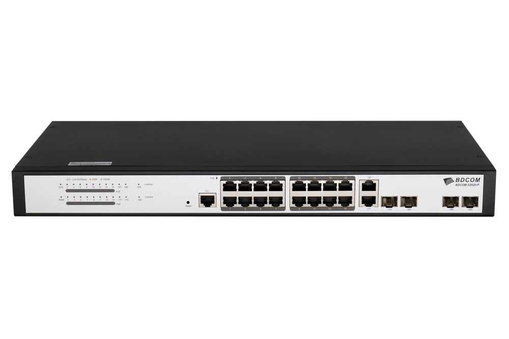 Управляемый коммутатор BDCOM S2520-P, 16 портов GE 1Гбит/с, 2 SFP 1Гбит/с, 2 комбо SFP TX 1Гбит/с, L2, PoE
