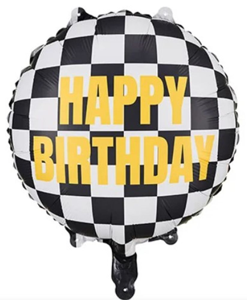 Patry Deco Шар фольгированный Круг "Финишный флаг Happy Birthday" (клетчатый флаг), 45 см (БГ-15)