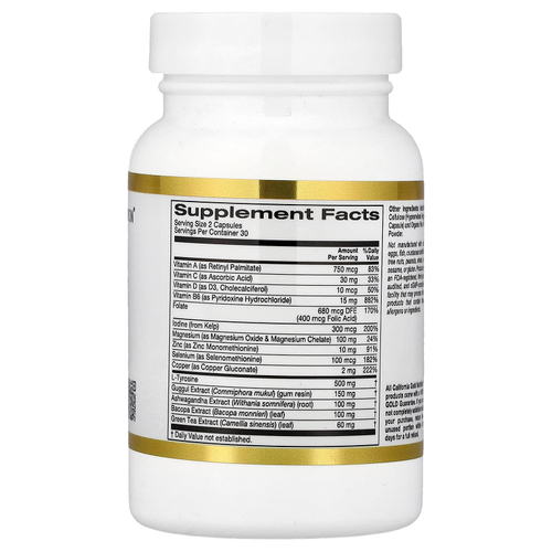 California Gold Nutrition, добавка для поддержки щитовидной железы с экстрактами гуггула, ашваганды, бакопы и зелёного чая, 60 растительных капсул