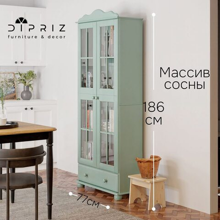 Шкаф с витриной Бритта из массива сосны, 2 двери, 77х32х186 см, эвкалипт