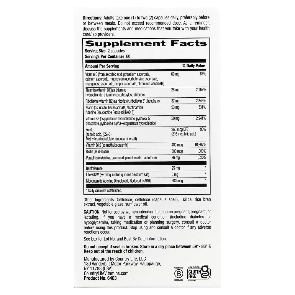 Country Life, коэнзимный комплекс витаминов группы B, улучшенная формула, 120 веганских капсул