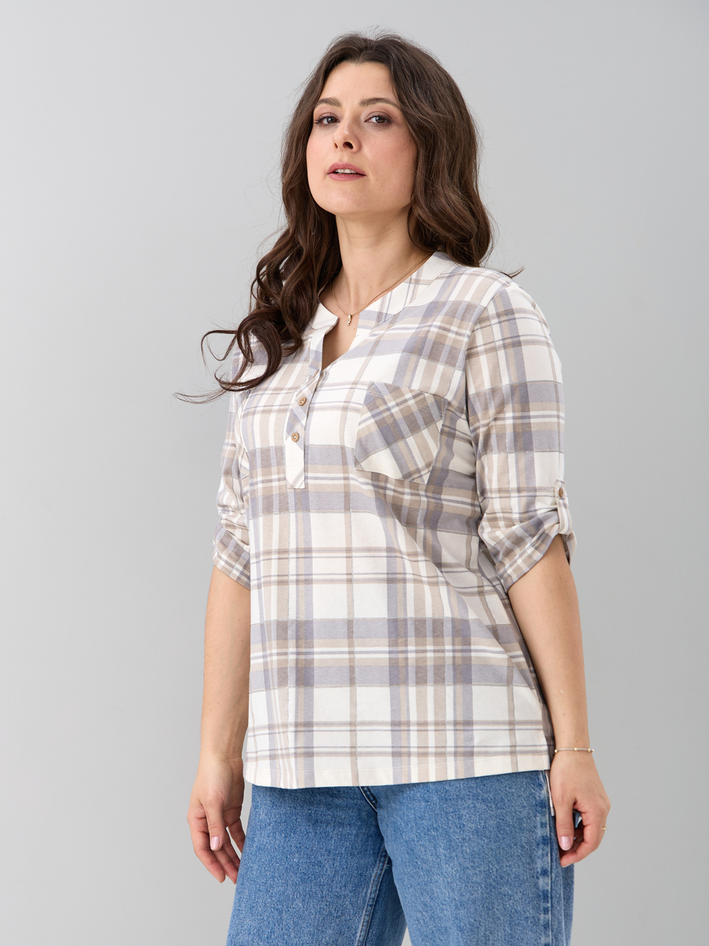 Блузка БЛ-131/клеткабеж-серебро