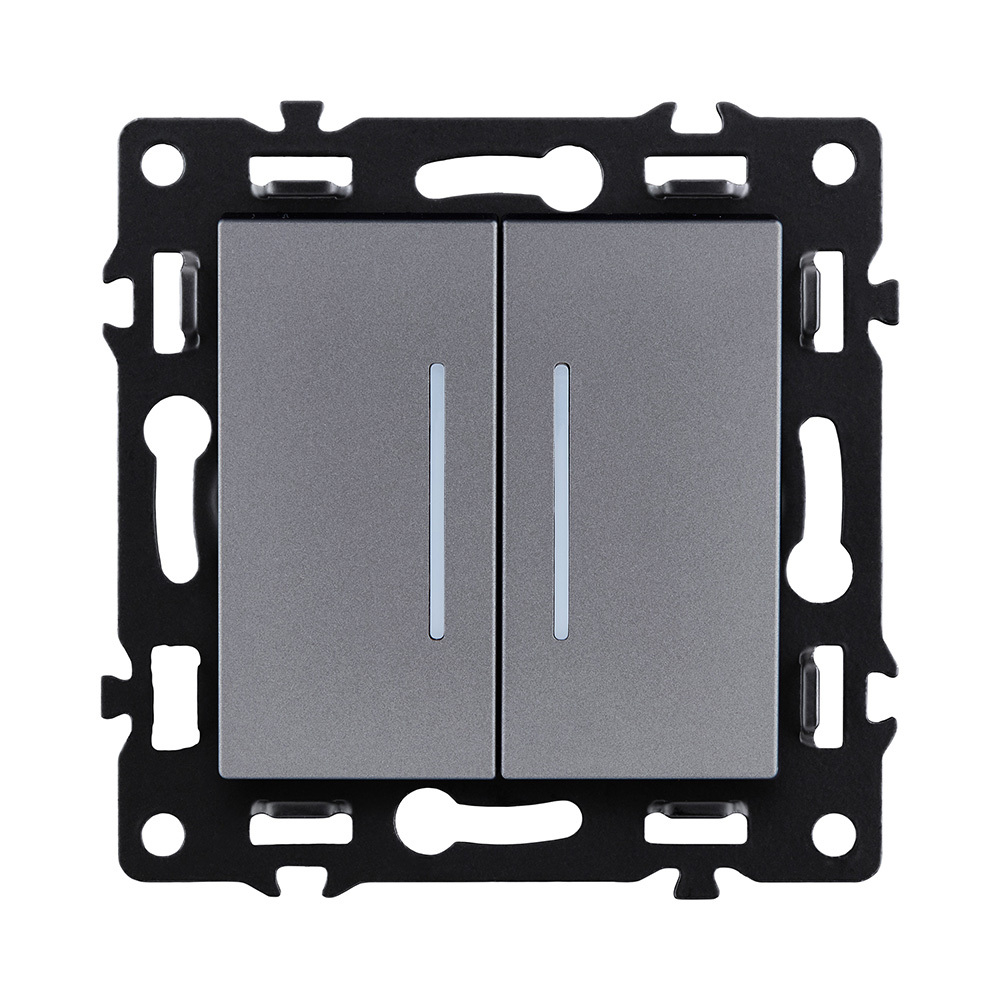 Выключатель 2-клавишный проходной 10А/250В с LED подсветкой, серый Kollinger Asthetik AS-011GY