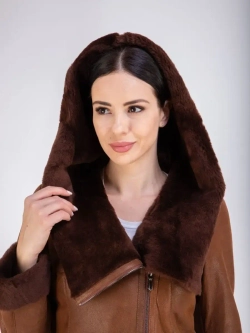 Дубленка женская натуральная длинная с капюшоном Турция