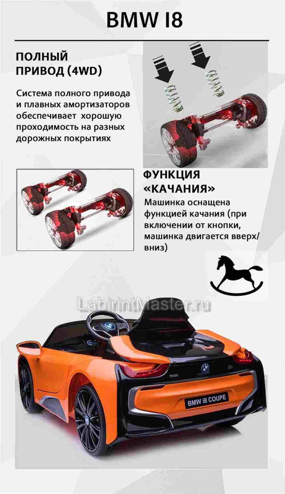 Детский электромобиль "BMW i8" 12V, оранжевый