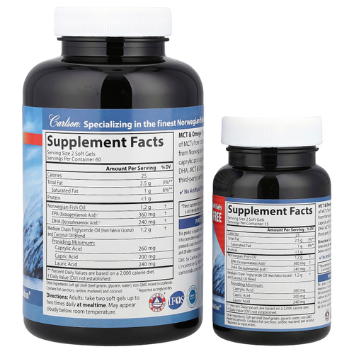 Carlson, Среднецепочечные триглицериды и омега-3, 120 мягких таблеток + 30 таблеток в подарок