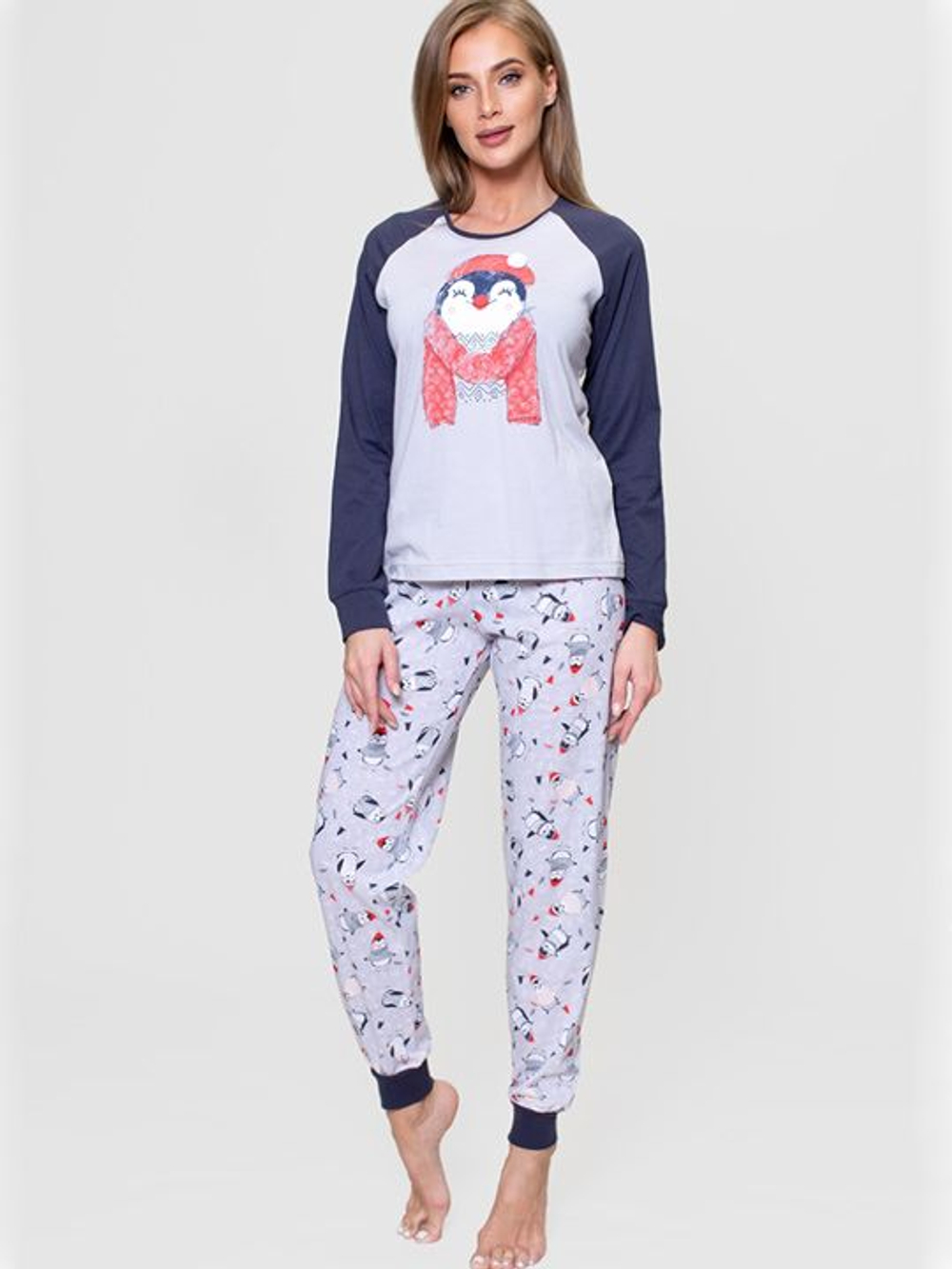 Женский комплект с пингвином на футболке (Размер: M) (Цвет: серый с синим)