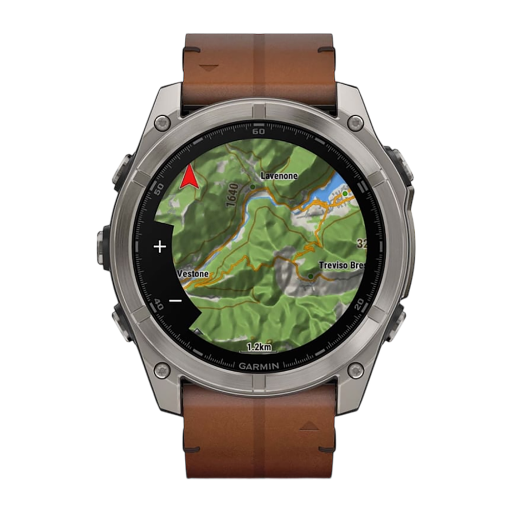 Спортивные часы Garmin fenix 8, 51 мм, AMOLED, каштановый кожаный ремешок, силиконовый ремешок цвета чёрный/«серая галька» Безель из титана, AMOLED-дисплей. Кожаный ремешок и силиконовый ремешок с классическими застёжками — на запястье обхватом 135–213 мм