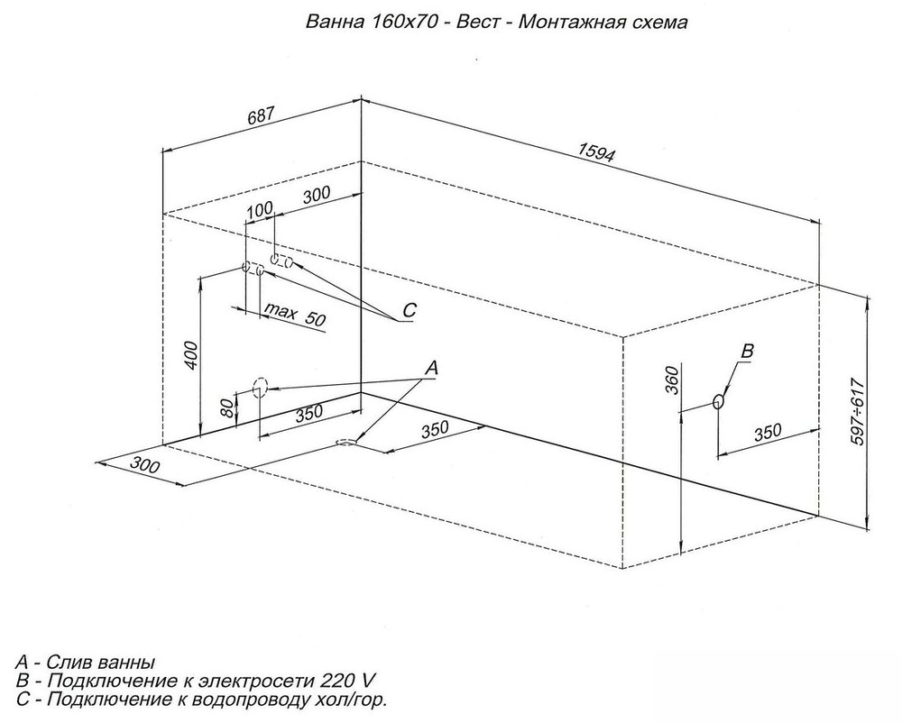 Акриловая ванна Aquanet West 160x70 (с каркасом)