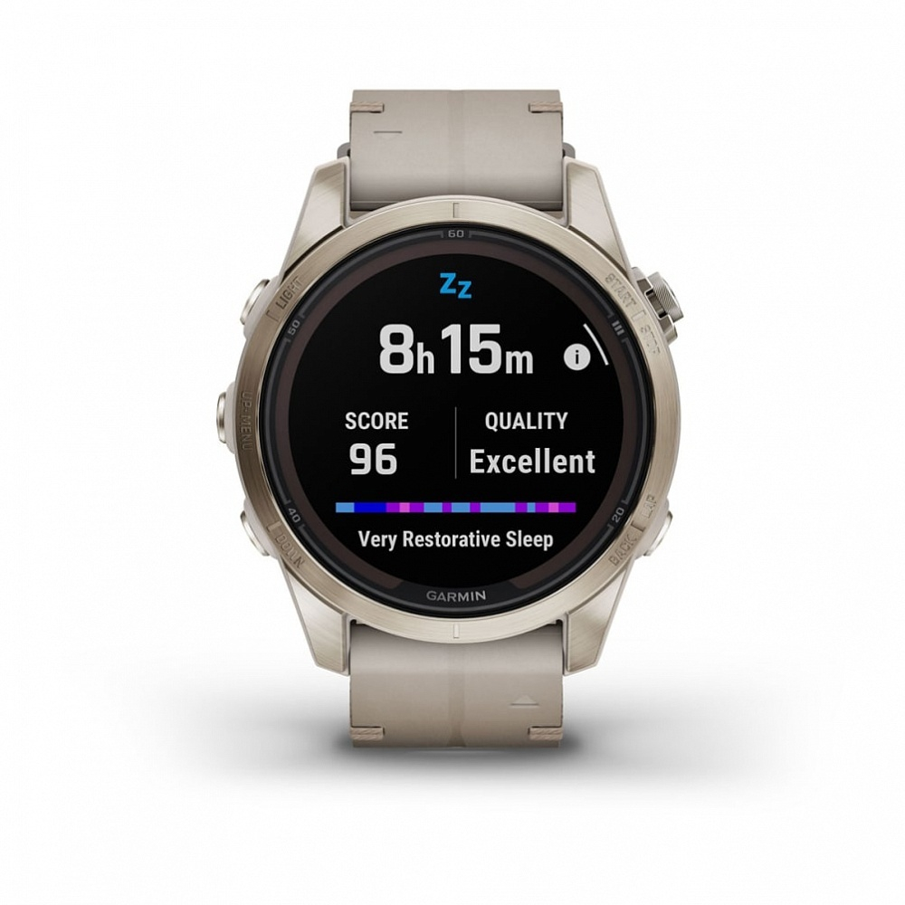 Смарт часы Garmin Fenix 7S Pro Sapphire Solar золотистый корпус с кожаным ремешком цвета известняка