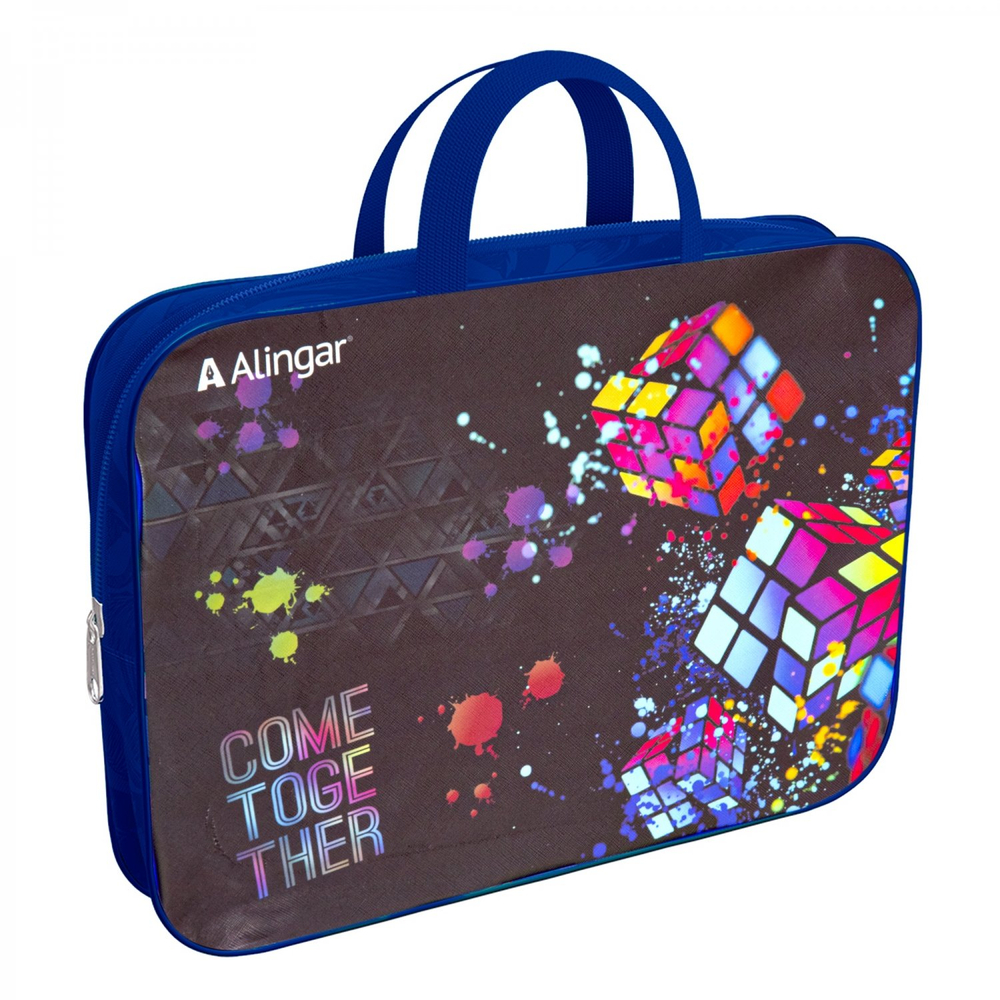 Папка с ручками 1 отделение, А4 260х340х80 мм, Alingar, ПВХ, ручки тесьма, дизайн с одной стороны, молния сверху, внутр. карман, "Кубики"