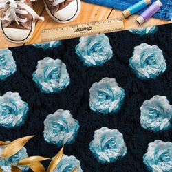 Ткань таффета голубые розы из папье-маше на тёмном фоне