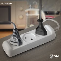 Удлинитель электрический ЭРА U-3-5m-2x1 без заземления 3 розетки 5м ПВС 2x1мм2 10А | Бытовые удлинители