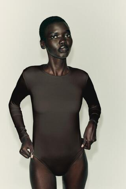 ZARA БАЗОВОЕ БОДИ ИЗ ПОЛИАМИДА, ТЕМНО-КОРИЧНЕВЫЙ
