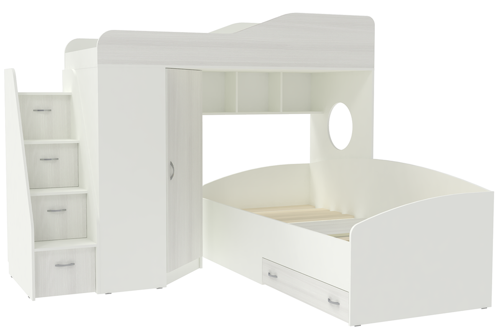 Двухъярусная кровать КарИВи  Кадет 2 с универсальной лестницей Белый  Белое Дерево