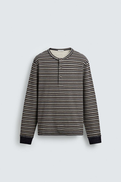 ZARA ФУТБОЛКА С ВОРОТНИКОМ НА ПУГОВИЦАХ В ПОЛОСКУ, ТЕМНО-КОРИЧНЕВЫЙ