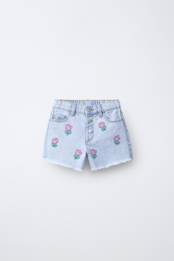 ZARA ДЖИНСОВЫЕ ШОРТЫ MOM FIT С ВЫШИВКОЙ, СИНИЙ