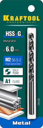 KRAFTOOL HSS-G, 6.0 х 93 мм, сталь P6M5, сверло по металлу (29651-6)