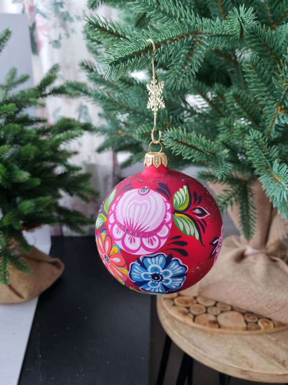 Шар стеклянный "Городецкая роспись" цветы, ручная работа