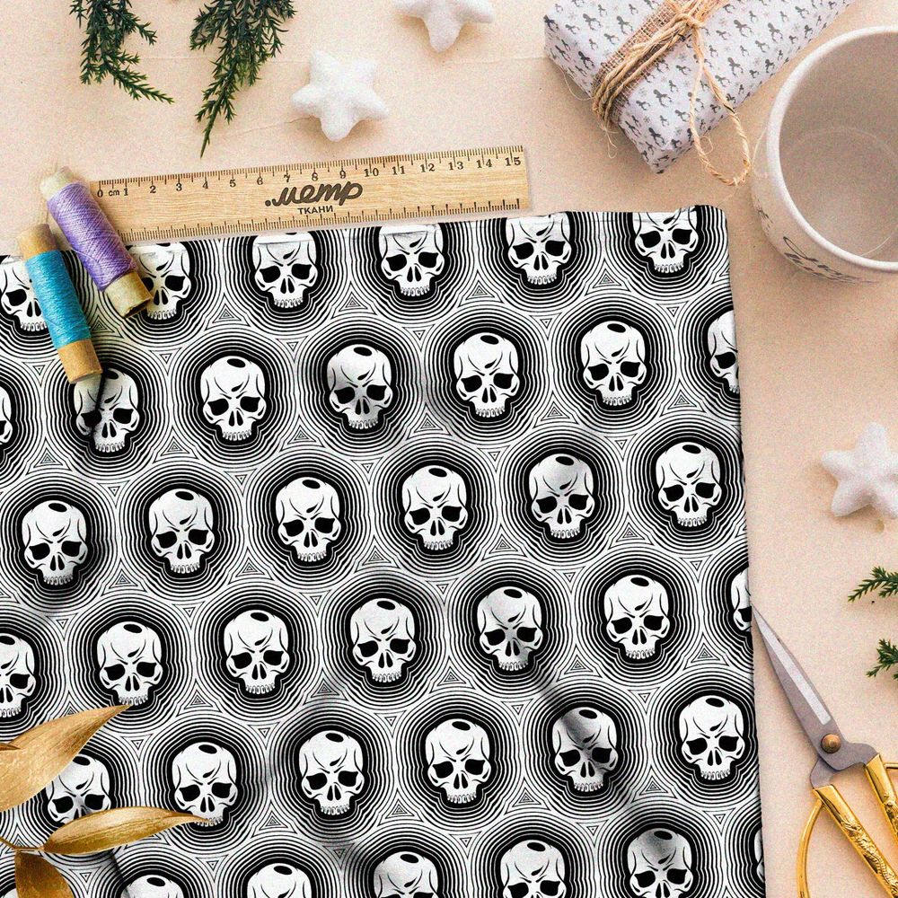 Ткань лён чёрно-белые печати с черепами