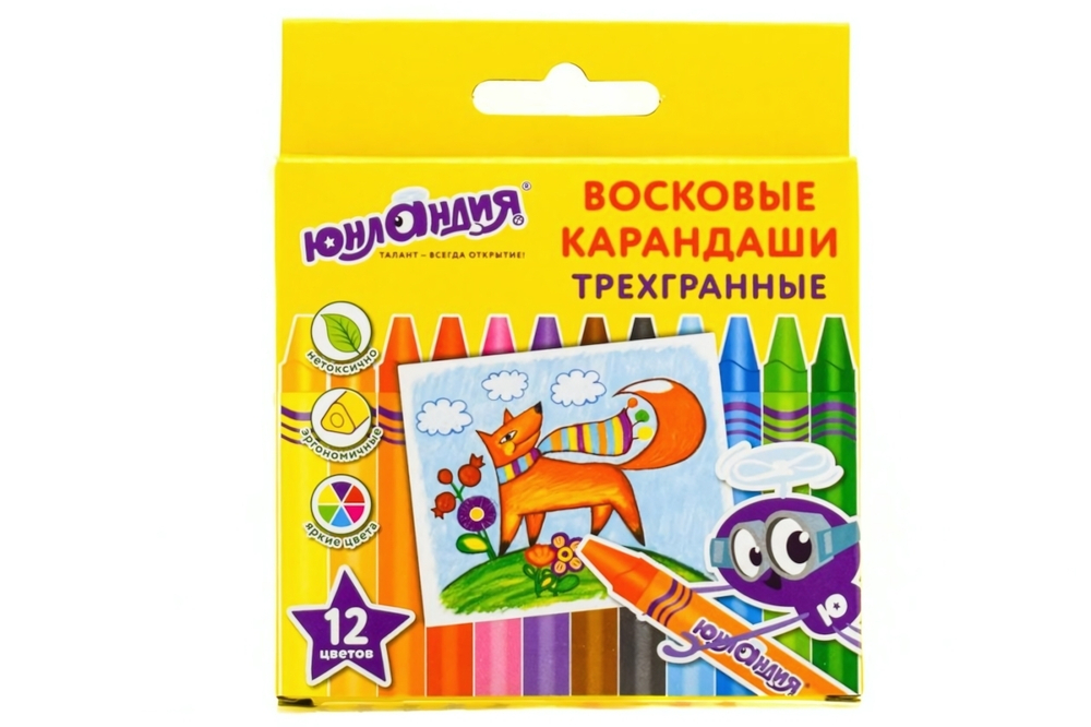 Мелки восковые 12цв. "Юнландик и мудрый лис" трехгранные, утолщенные (ЮНЛАНДИЯ)