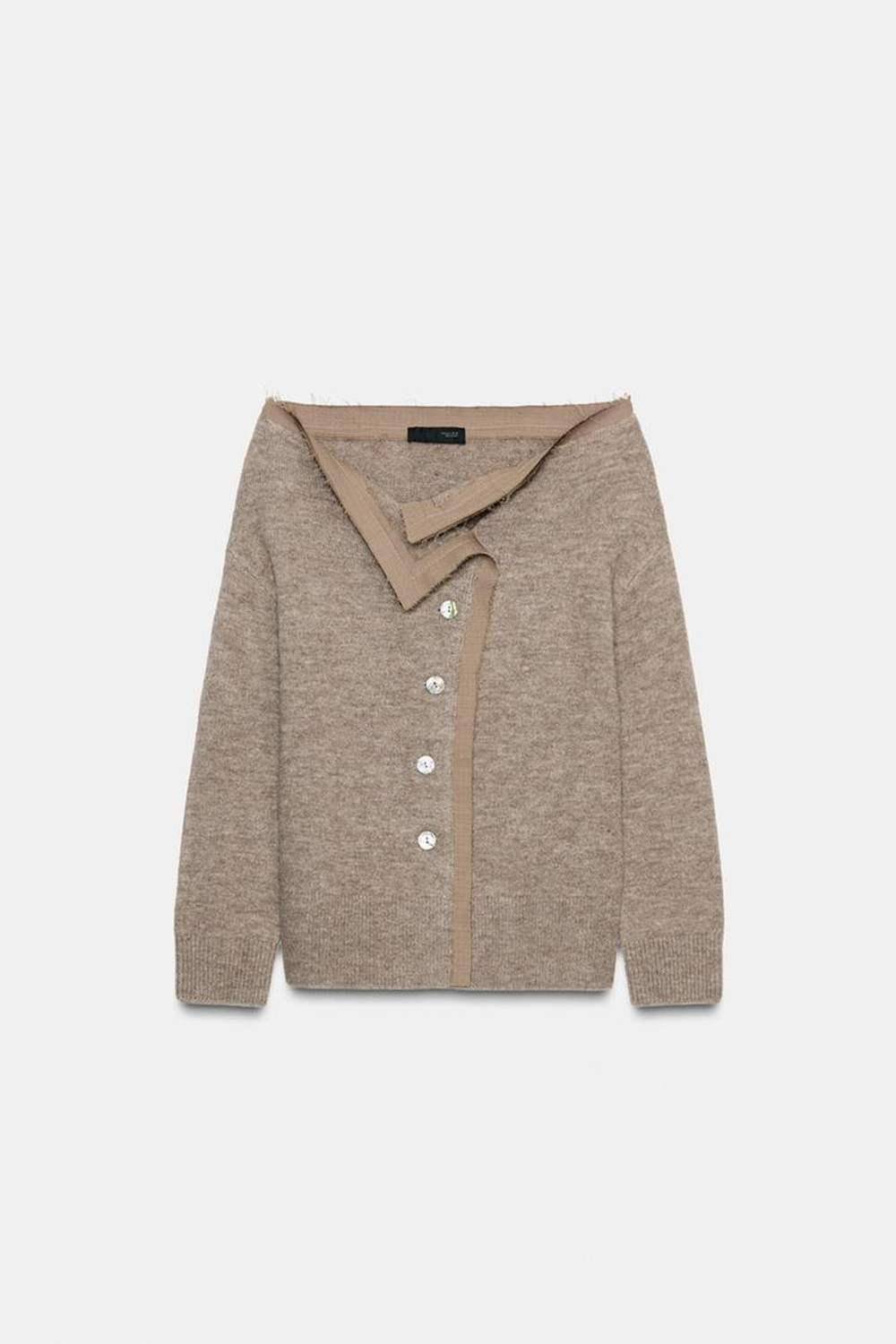 ZARА ВЯЗАНЫЙ КАРДИГАН С ВЫРЕЗОМ ЛОДОЧКОЙ, СЕРО-КОРИЧНЕВЫЙ
