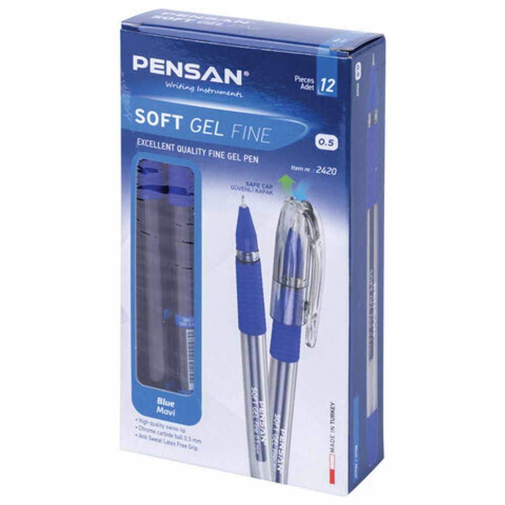 Ручка гелевая с грипом PENSAN "Soft Gel Fine", СИНЯЯ, игольчатый узел 0,5 мм, линия 0,4 мм, 2420/12