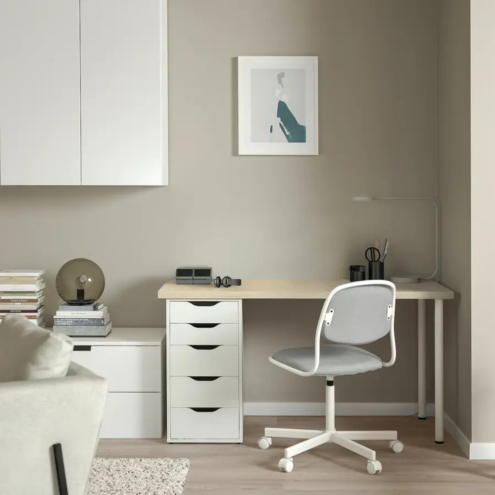 Письменный стол с ящиком - IKEA MITTCIRKEL/ADILS, 140х60 см, под беленый дуб/белый, МИТКЕРКЕЛ/АДИЛЬС ИКЕА