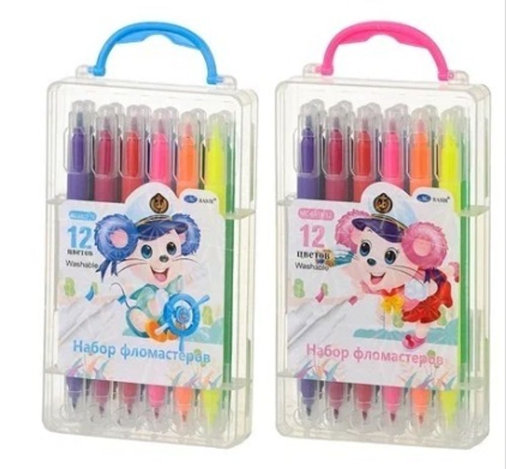 Фломастеры Basir, серия "Мышки", разноцветные, двусторонние, с рисунком на корпусе, набор 12 цветов Фломастеры Basir, серия "Мышки", разноцветные, двусторонние, с рисунком на корпусе, набор 12 цветов