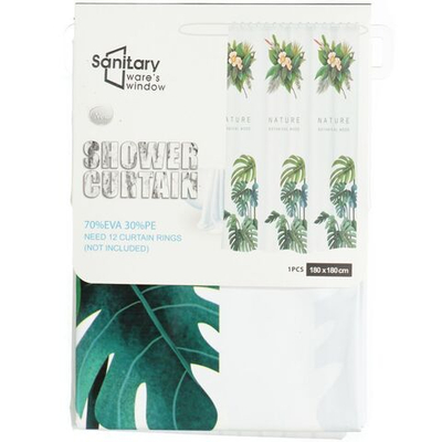 Штора для ванн 180х180 см, ПЭ, Тропический лист, с кольцами, Y3-567